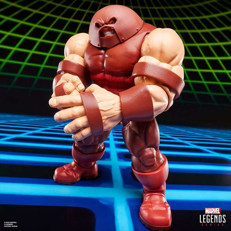 Marvel Legends Gamerverse Juggernaut action figure with muscular build and detailed helmet by Hasbro on neon grid background.