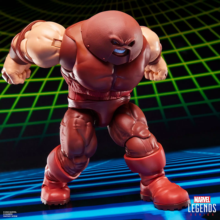 Marvel Legends Gamerverse Juggernaut action figure in dynamic pose with detailed armor and vibrant retro game background