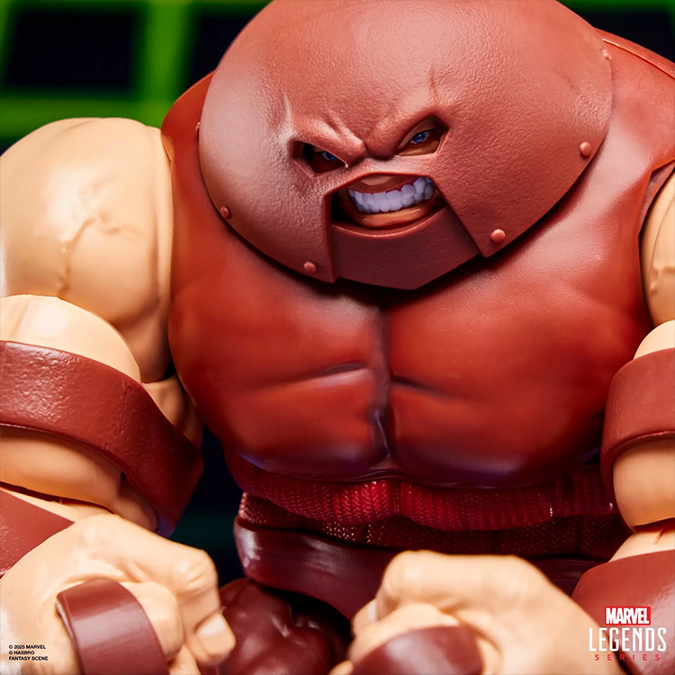 Close-up of Marvel Legends Gamerverse Juggernaut figure showing detailed helmet, muscular torso, and intense facial expression