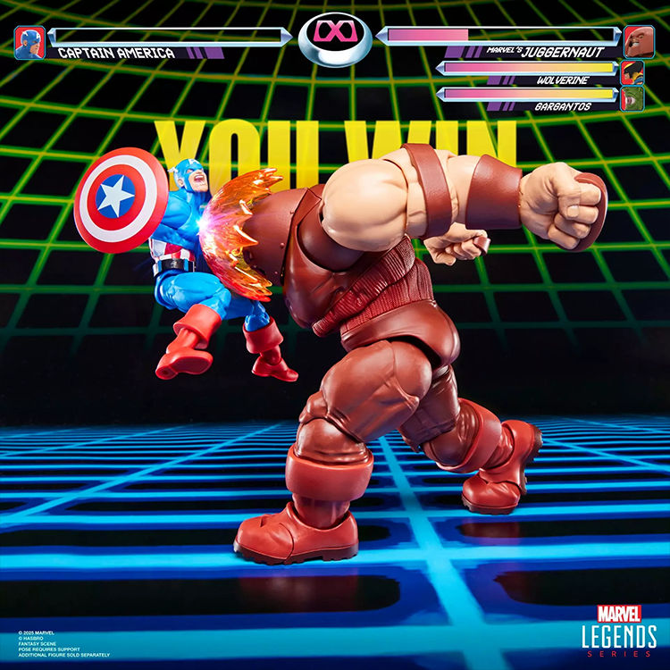 Marvel Legends Gamerverse Juggernaut figure delivering a powerful punch to Captain America in arcade-style battle scene.