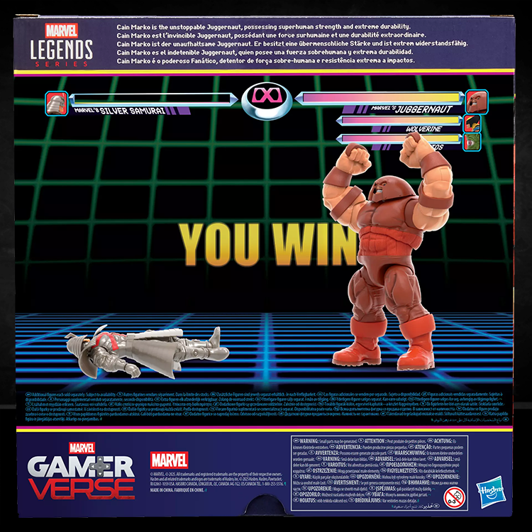 Marvel Legends Gamerverse Juggernaut figure posing victorious over Silver Samurai in retro arcade game style background