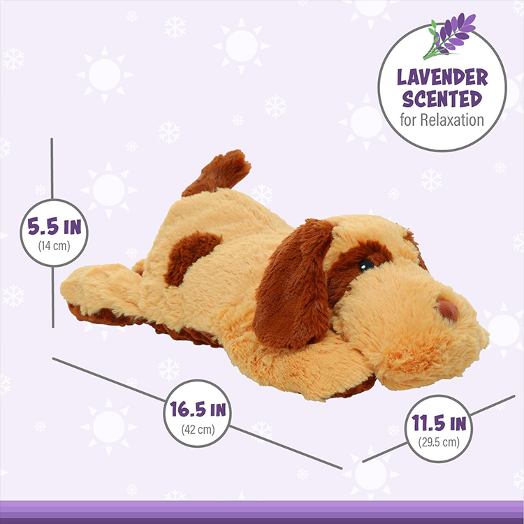 Plush lavender-scented jumbo dog measuring 16.5 by 11.5 by 5.5 inches for soothing comfort and relaxation
