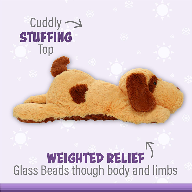 Large soft jumbo dog plush with weighted glass beads for comforting pressure and cuddly stuffing top