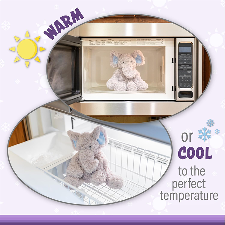 Plush jumbo dog warming in microwave and cooling in freezer for soothing comfort and temperature therapy