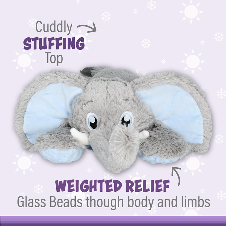 Gray jumbo elephant plush with soft blue ear lining and weighted glass bead filling for soothing comfort