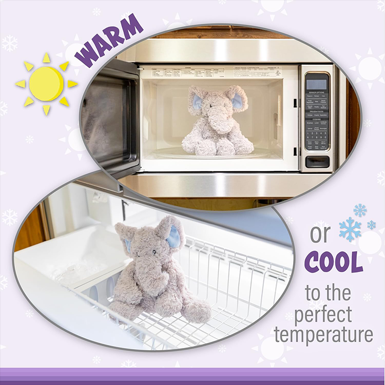 Jumbo lavender-scented elephant plush warming in microwave or cooling in freezer for comforting therapy