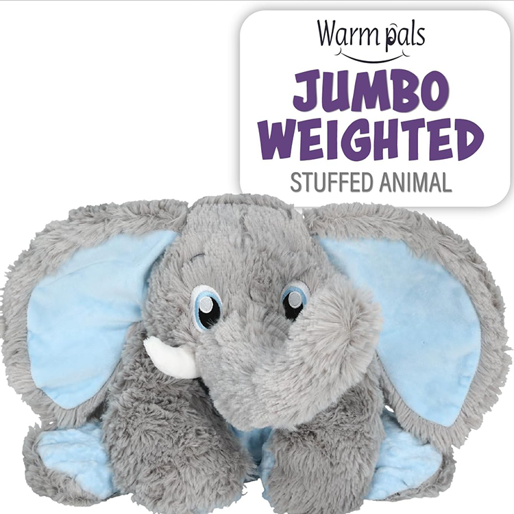Gray jumbo weighted elephant plush with blue ears and white tusks for calming comfort