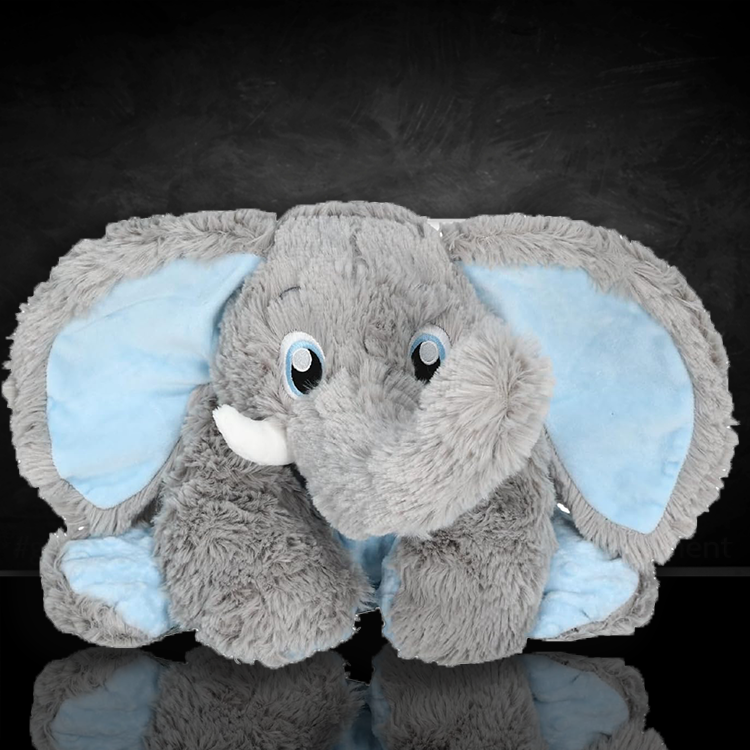 Soft gray jumbo elephant plush with large blue ears designed for comforting warmth and lavender scent therapy