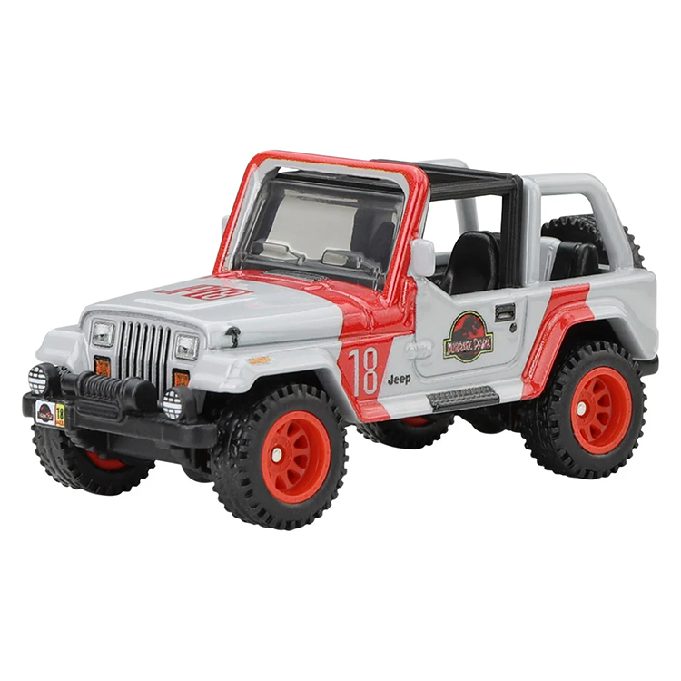 Mattel Hot Wheels Jurassic Park 92 Jeep Wrangler Sahara diecast car with authentic park details and RealRiders tires.