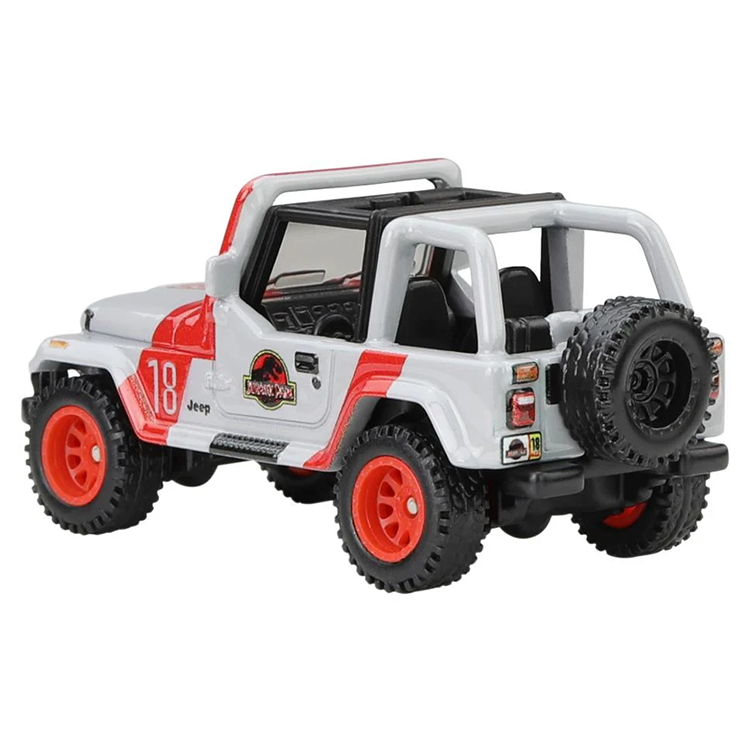 Mattel Hot Wheels Jurassic Park 92 Jeep Wrangler Sahara diecast car with authentic park logo and red detailing