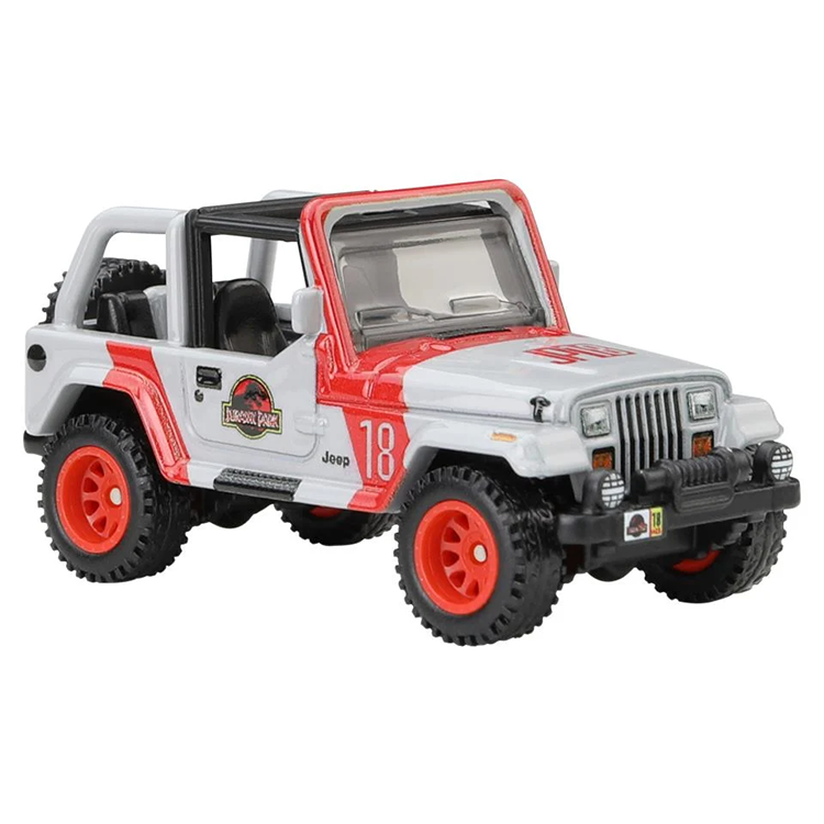 Mattel Hot Wheels Jurassic Park 92 Jeep Wrangler Sahara diecast car with authentic park logos and red detailing