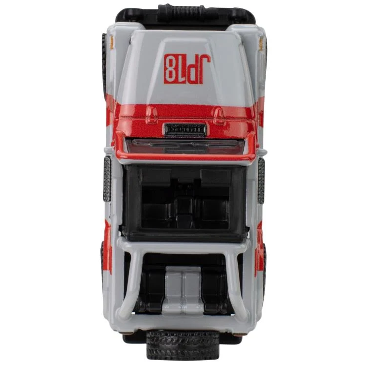 Top view of Hot Wheels Premium Jurassic Park 92 Jeep Wrangler Sahara diecast car in red and white safari design.