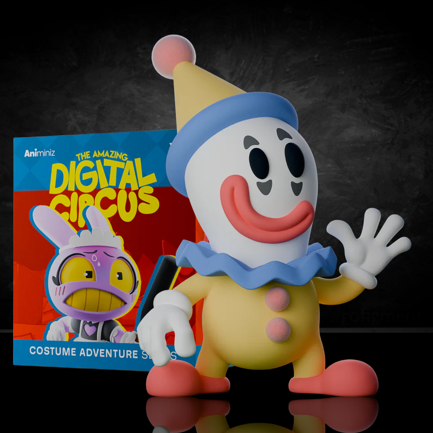 Glitch Animiniz figure from The Amazing Digital Circus wearing a classic clown costume with a yellow hat and cheerful pose