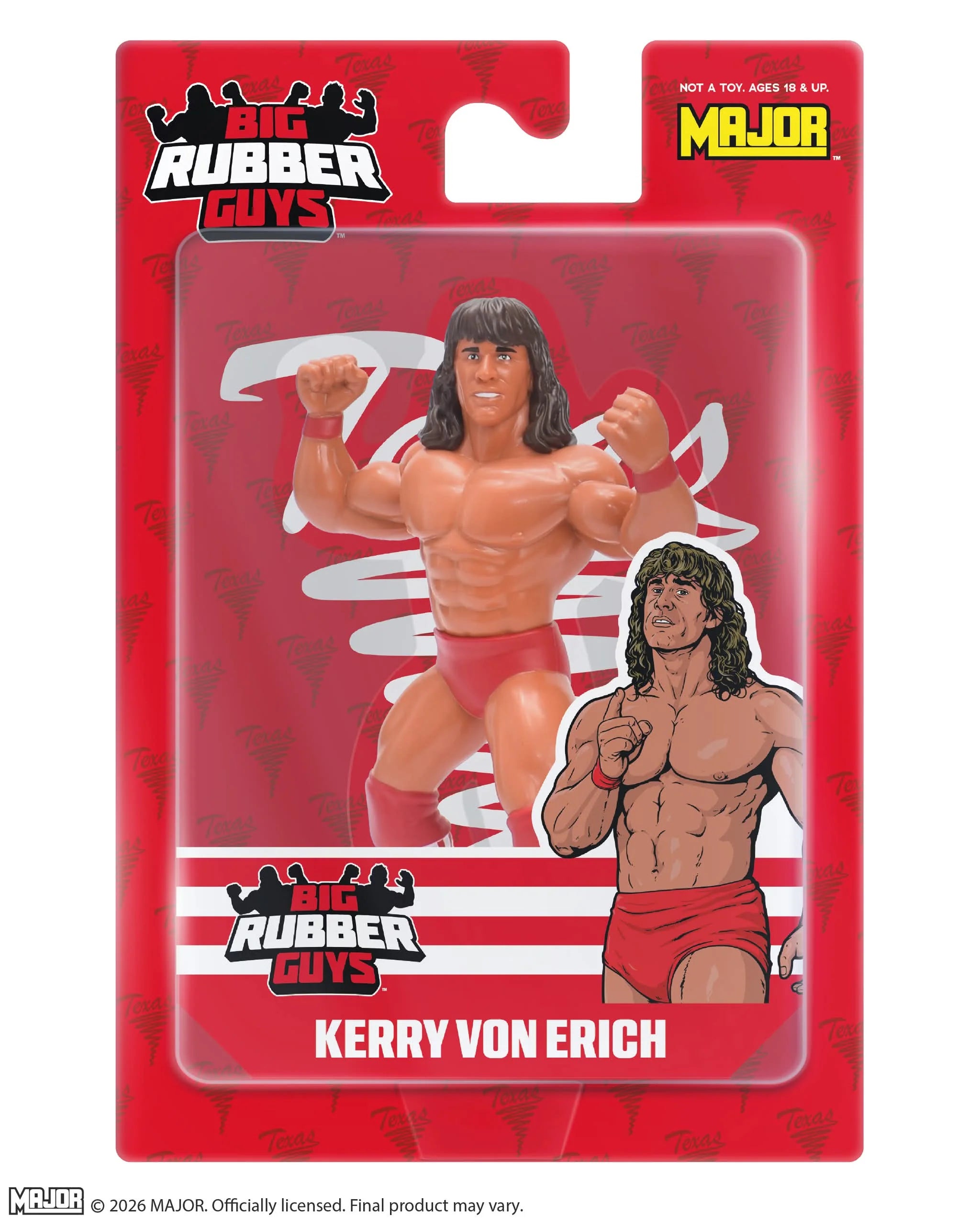 Kerry Von Erich Major Big Rubber Guys 1:9 Scale 8-Inch Posed Wrestling Figure by Major in red trunks packaging