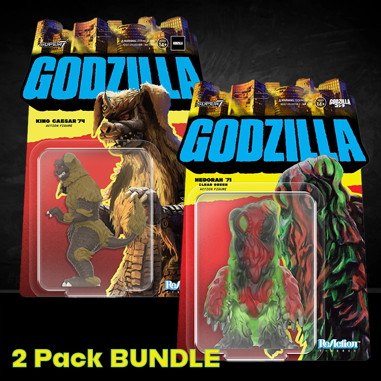 Super7 Godzilla King Caesar 74 and Hedorah 71 clear green 3.75 inch ReAction figures bundle in packaging