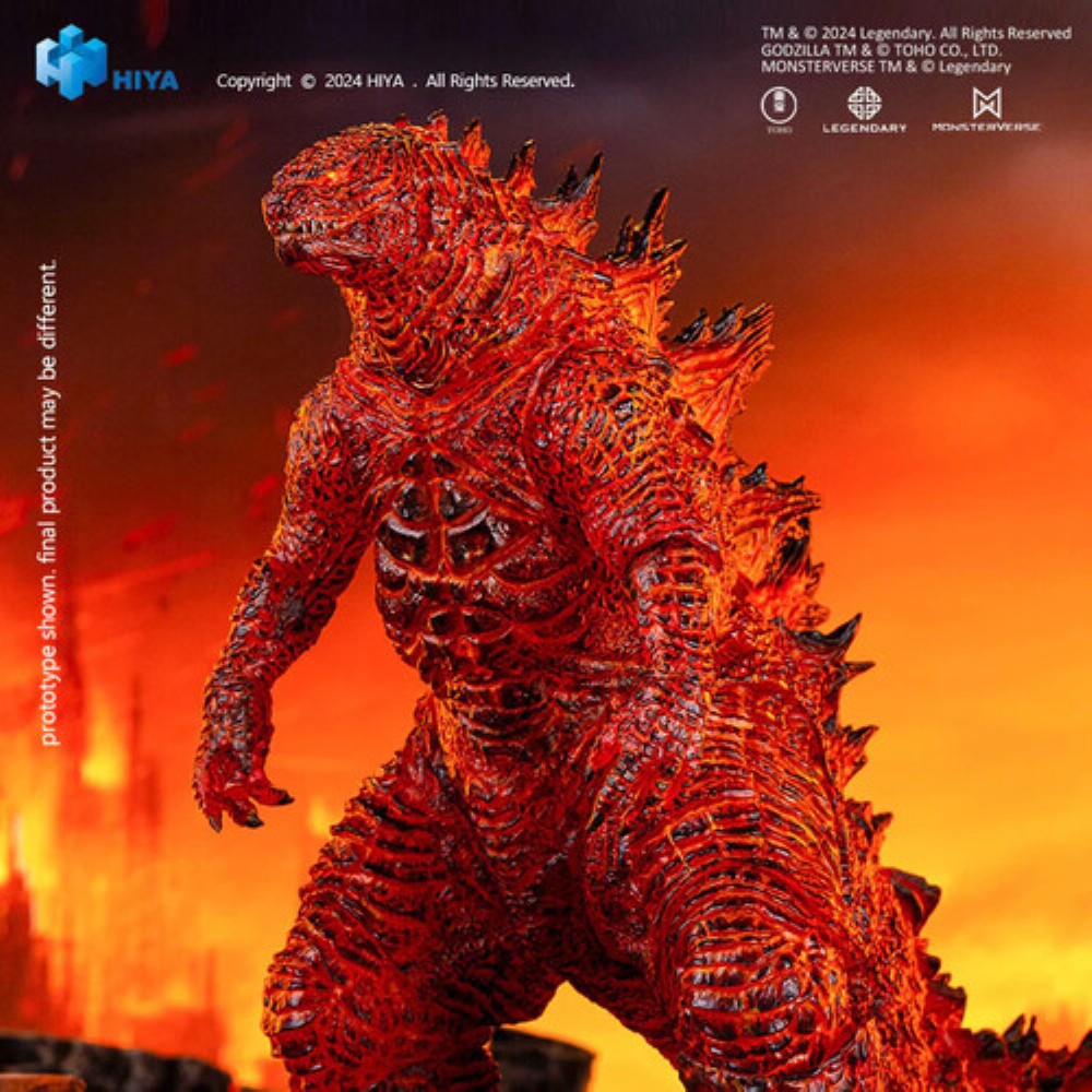 Burning Godzilla 7" Action Figure - Hiya Toys Exquisite Basic posed against a fiery background