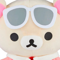 Close-up of San-X Korilakkuma plush bear wearing white sunglasses in streetwear style