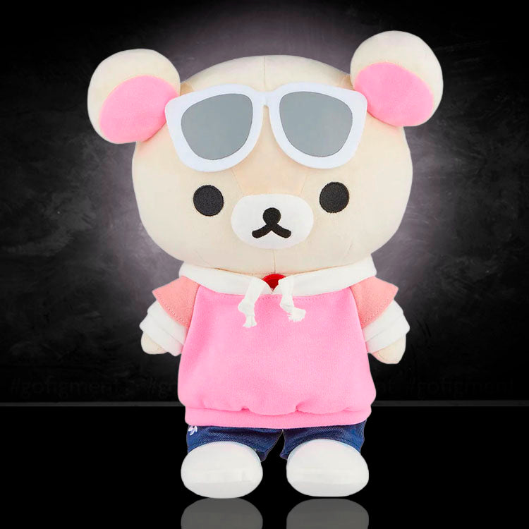 Korilakkuma plush by San-X in pink hoodie, jeans, and white sunglasses with cool streetwear style