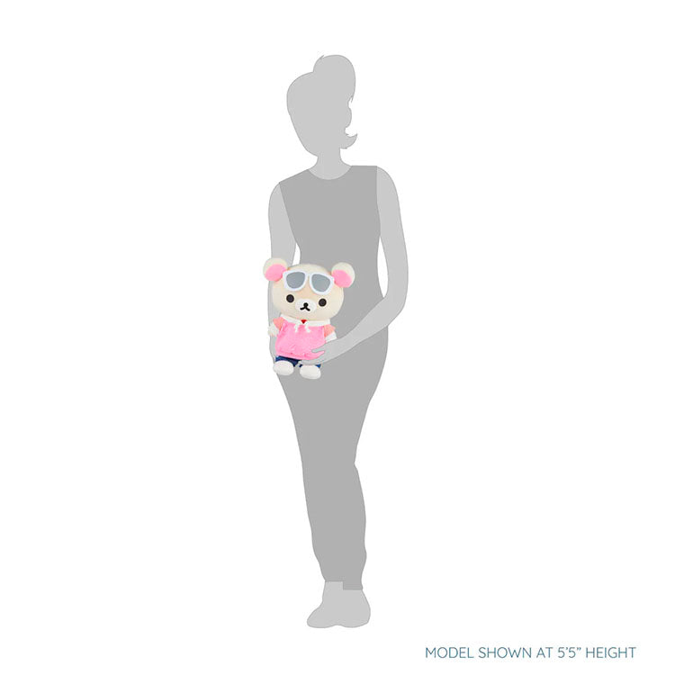 San-X Korilakkuma plush toy wearing sunglasses and jeans, styled in streetwear fashion held by a person.