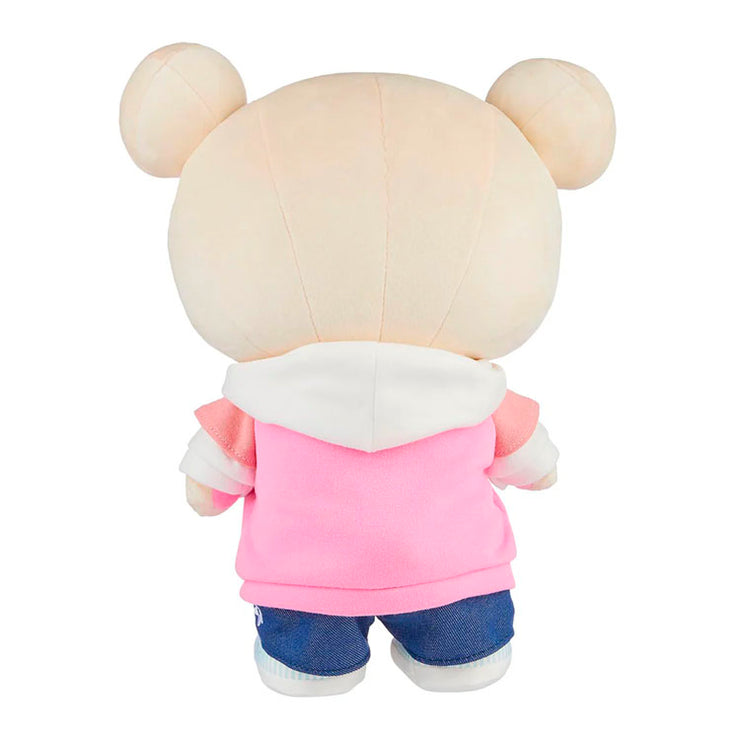 Korilakkuma plush from San-X wearing a pink hoodie and jeans shown from the back in streetwear style