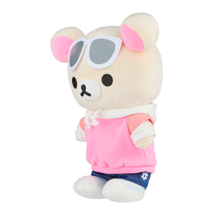 San-X Korilakkuma plush in streetwear with sunglasses, pink hoodie, and blue jeans, stylish and cute collectible bear