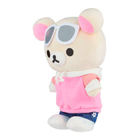 San-X Korilakkuma plush in streetwear with sunglasses, pink hoodie, and blue jeans, stylish and cute collectible bear