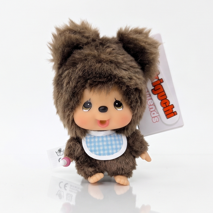 4" Monchhichi Keychain - Kuma Bear in Blue Bib by Sekiguchi, brown bear collectible with blue checkered bib