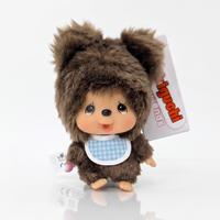 4" Monchhichi Keychain - Kuma Bear in Blue Bib by Sekiguchi, brown bear collectible with blue checkered bib