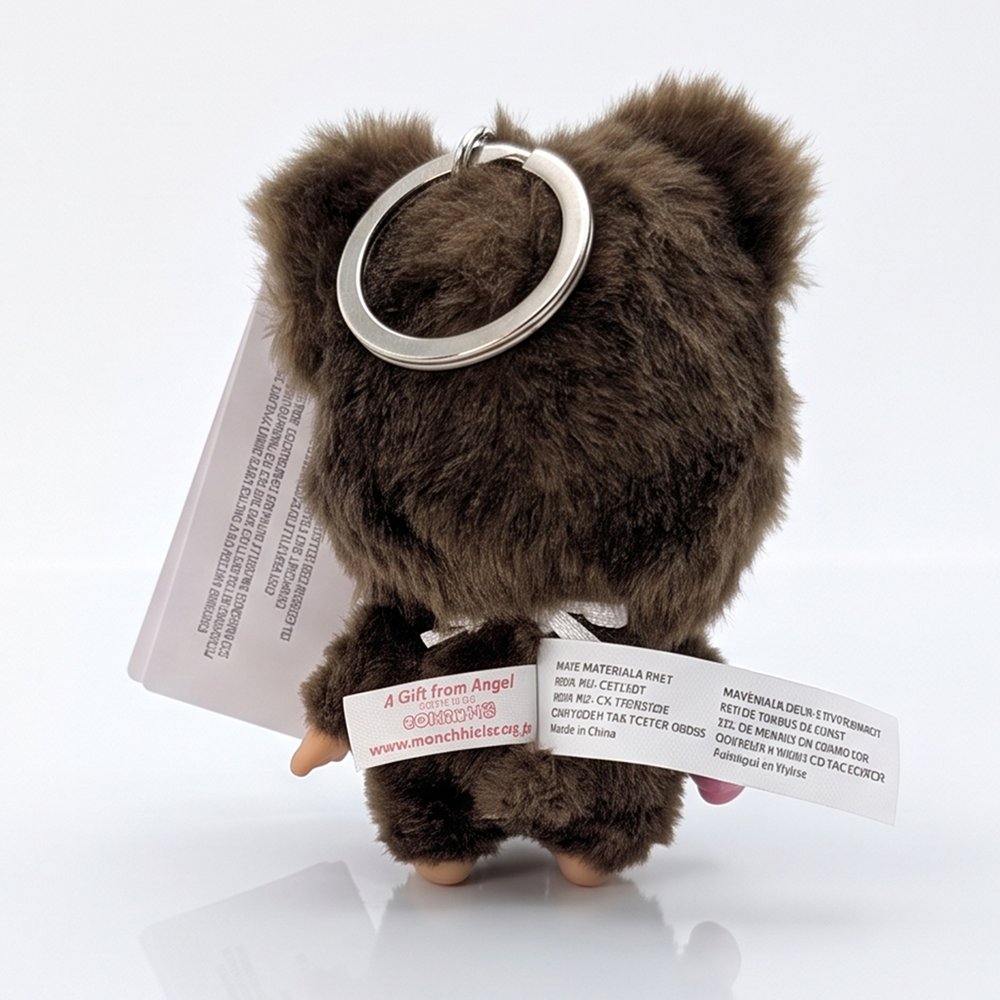 4" Monchhichi Keychain - Kuma Bear in Blue Bib by Sekiguchi, brown bear keychain back view