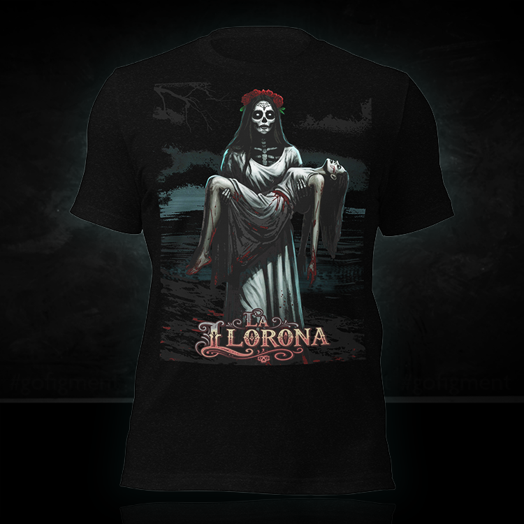 Black Go Figment t-shirt featuring La Llorona ghostly figure carrying a young woman over a dark river background.