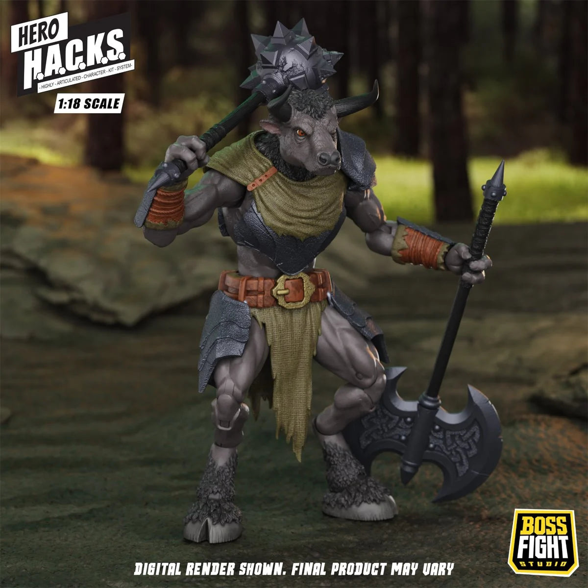 Minos Auroxos 4" Boss Fight Studio Action Figure Hero HACKS Articulated horned figure with axe and mace