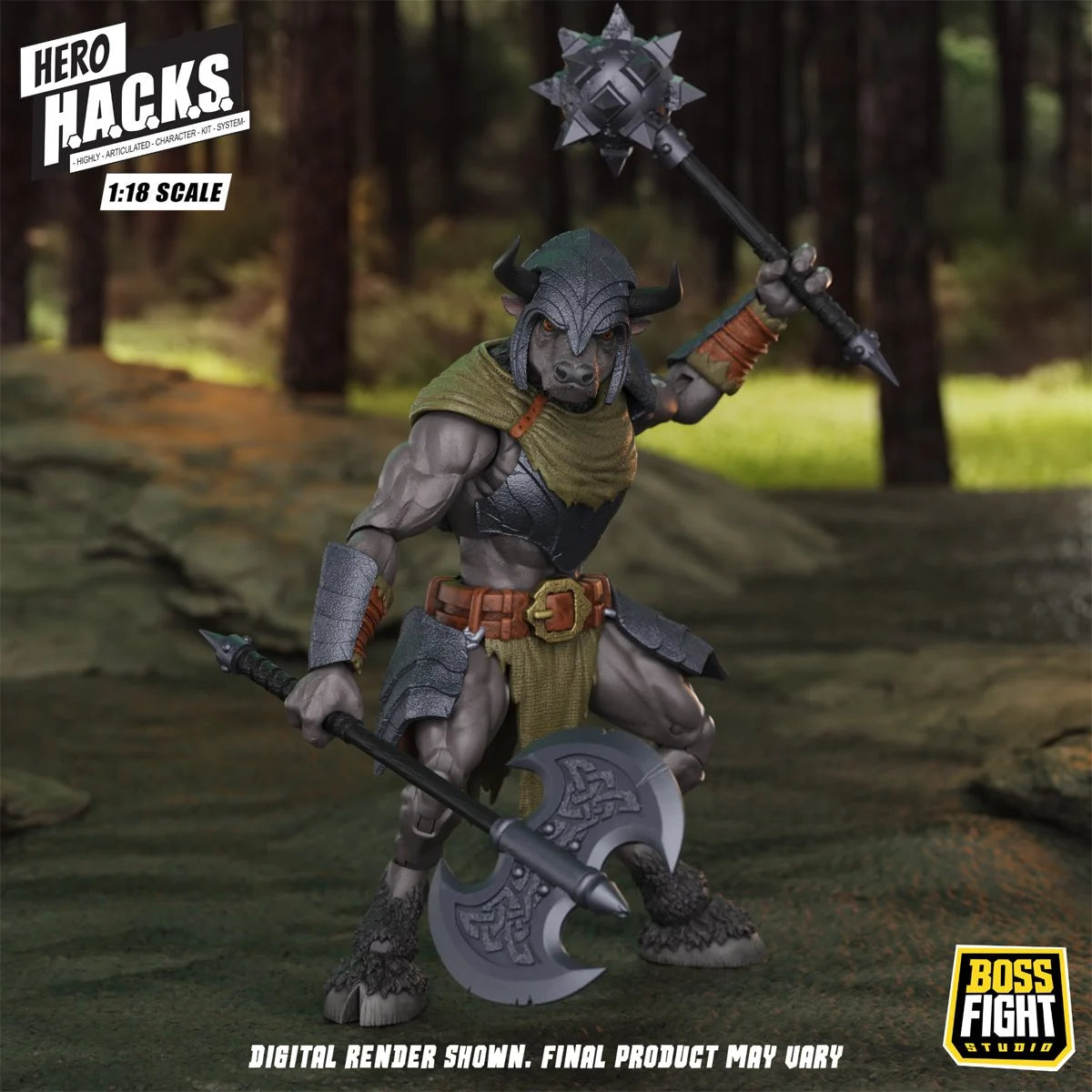 Minos Auroxos 4" Boss Fight Studio Action Figure Hero HACKS Articulated wielding an axe and mace