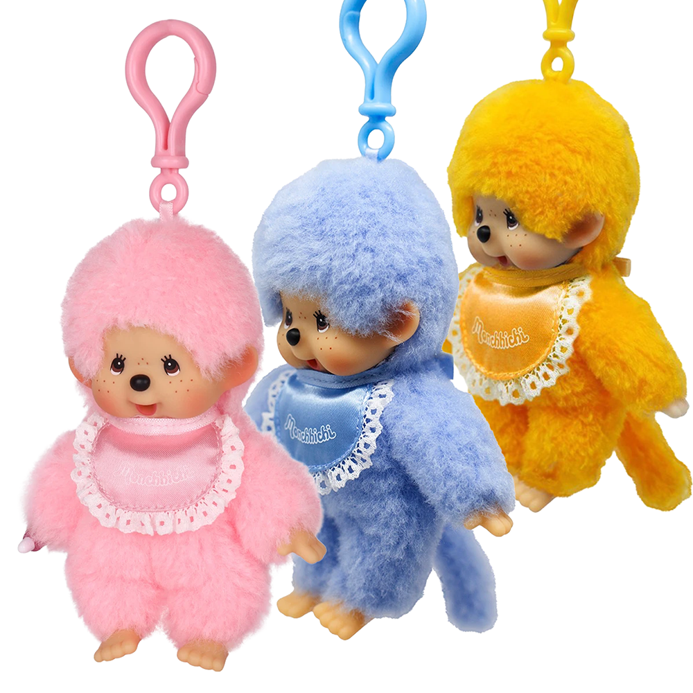 Monchhichi Lacie Satin Bib Plush Keychain 3-Pack Set (Orange, Pink, Blue)