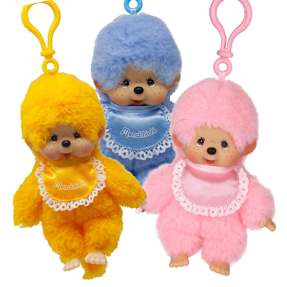 Monchhichi Lacie Satin Bib Plush Keychain 3-Pack Set (Orange, Pink, Blue)