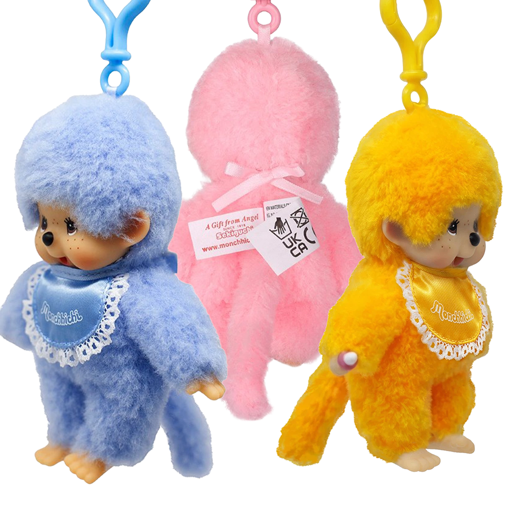 Monchhichi Lacie Satin Bib Plush Keychain 3-Pack Set (Orange, Pink, Blue)
