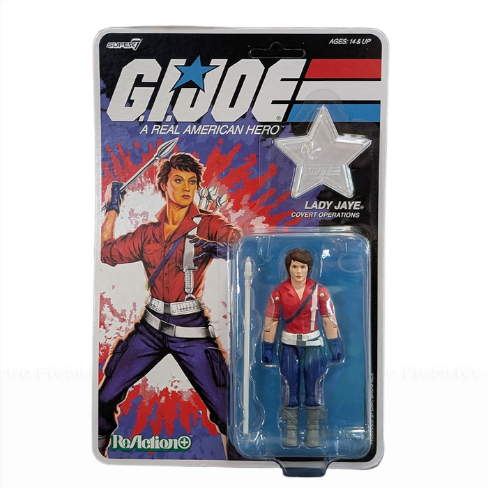G.I. Joe Lady Jaye (America's 250th Anniversary) 3 3/4-Inch ReAction+ Figure by Super7 in package with illustrated backing card.