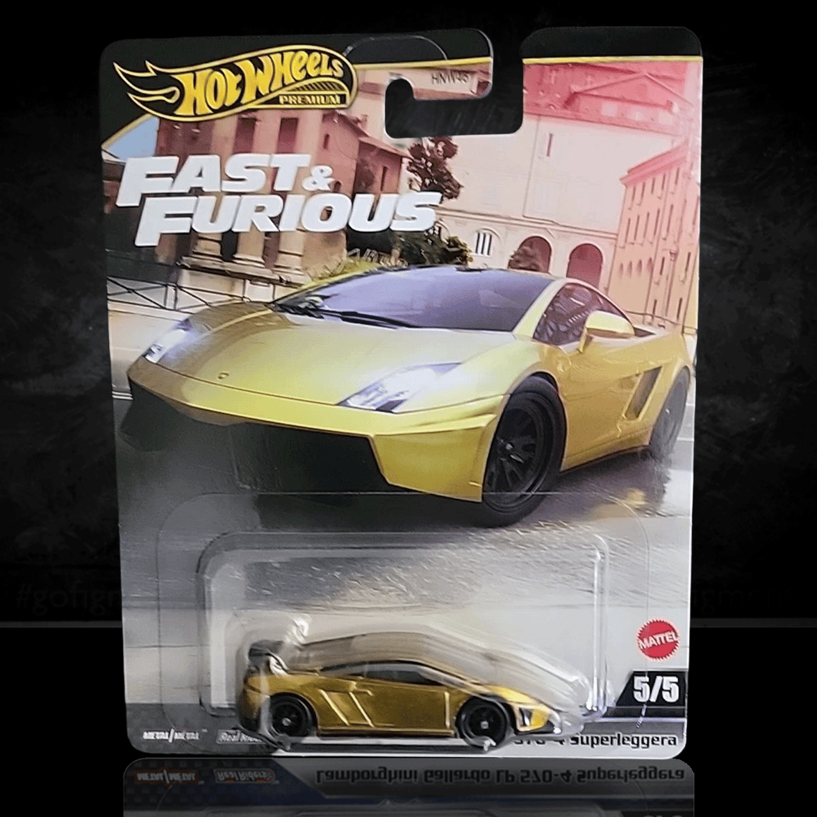 Mattel Hot Wheels Premium Fast and Furious Lamborghini Gallardo LP570-4 Superleggera diecast car in yellow packaging front view