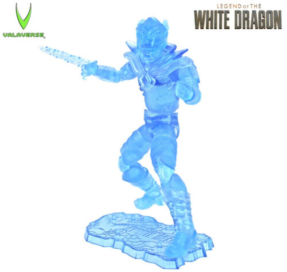 Translucent blue armored warrior figure holding a sword on a sculpted base, labeled Legend of the White Dragon