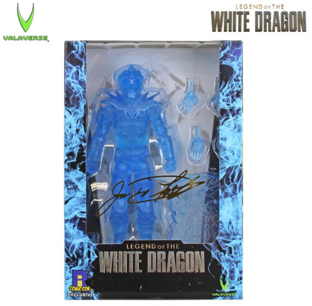 Blue Legend of the White Dragon action figure in a display box with autograph and alternate hands