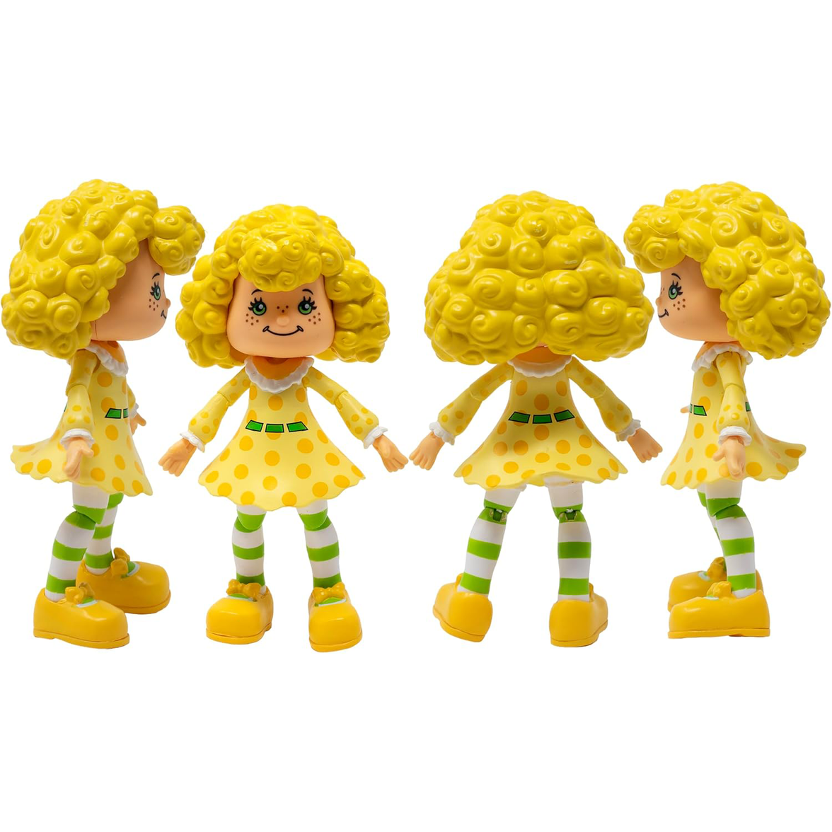 Boss Fight Studio Llc Lemon Meringue figure with curly yellow hair, yellow polka dot dress, and green striped leggings in four angles