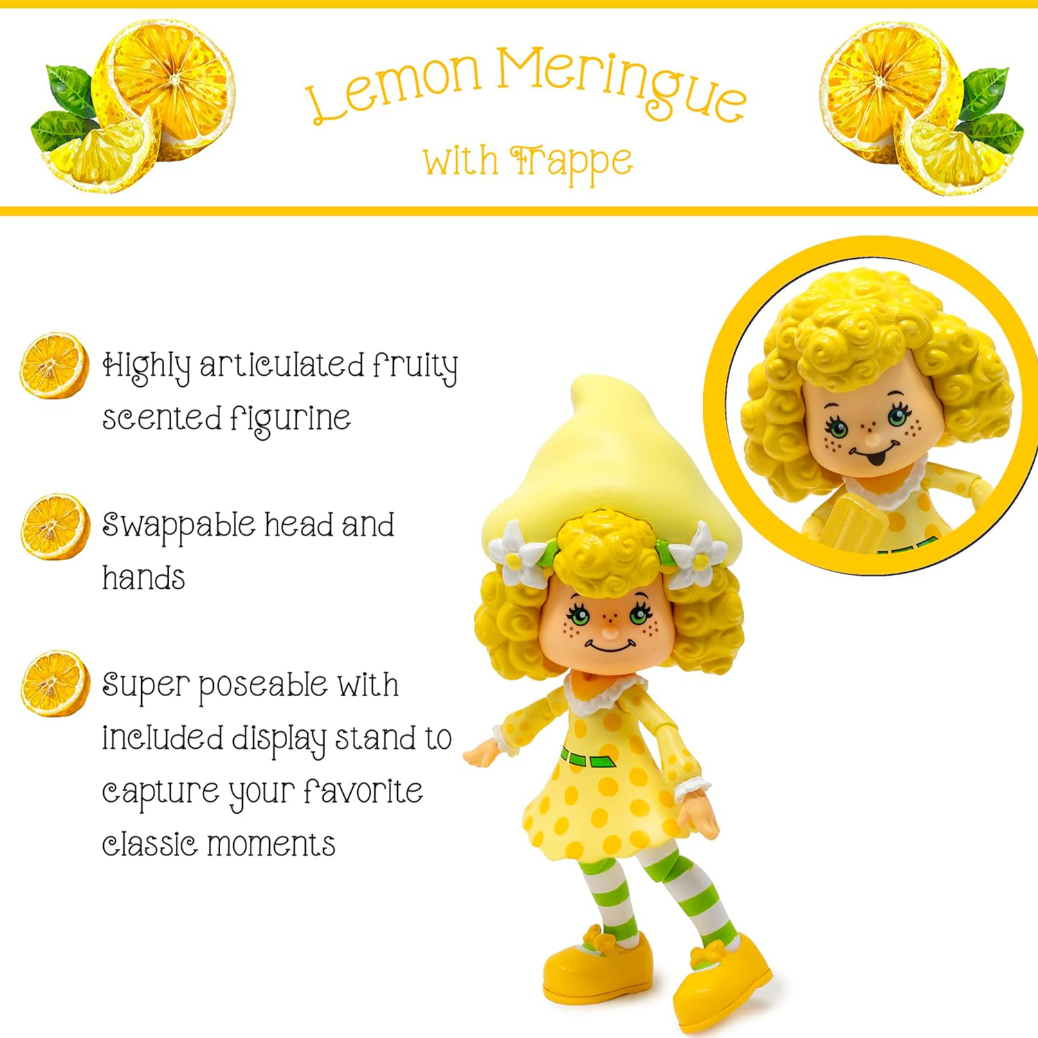 Boss Fight Studio Llc Lemon Meringue figure with curly yellow hair, yellow polka dot dress, and striped leggings with display stand