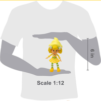 Boss Fight Studio Llc Lemon Meringue figure with yellow hat, polka dot dress, and green striped socks shown in scale comparison