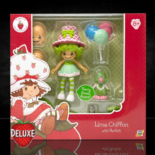 Boss Fight Studio Llc Lime Chiffon Strawberry Shortcake deluxe figure with green hat, striped tights, and bird Parfait accessory