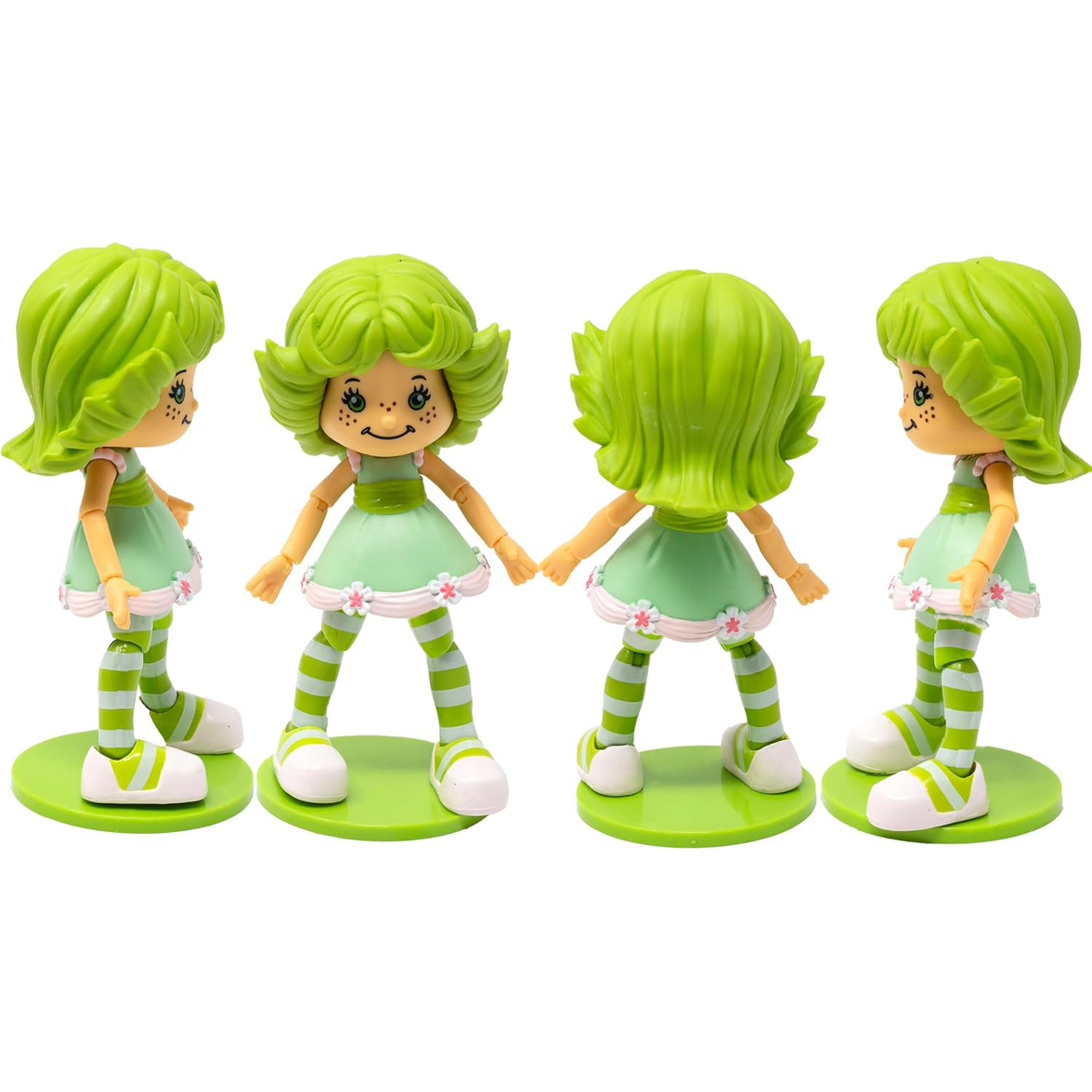 Boss Fight Studio Llc Lime Chiffon Strawberry Shortcake figure with green hair, striped tights, and floral-trimmed dress on round bases