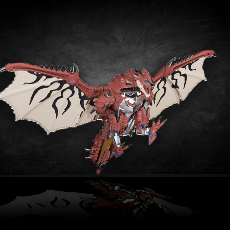 Rathalos Prime action figure from Monster Hunter and Transformers collaboration in wyvern monster mode with wings spread wide.