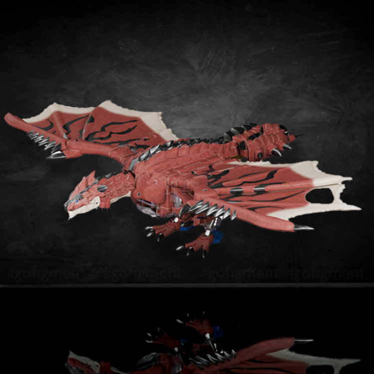 Rathalos Prime collectible figure in wyvern mode with detailed red wings and articulated limbs on black background