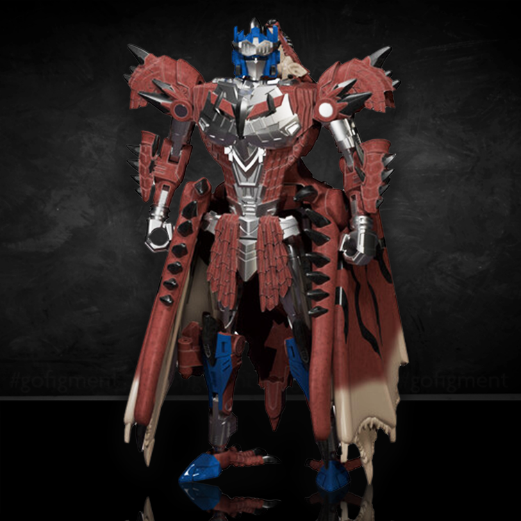 Rathalos Prime action figure in detailed red wyvern armor with blue and silver robot elements on black background