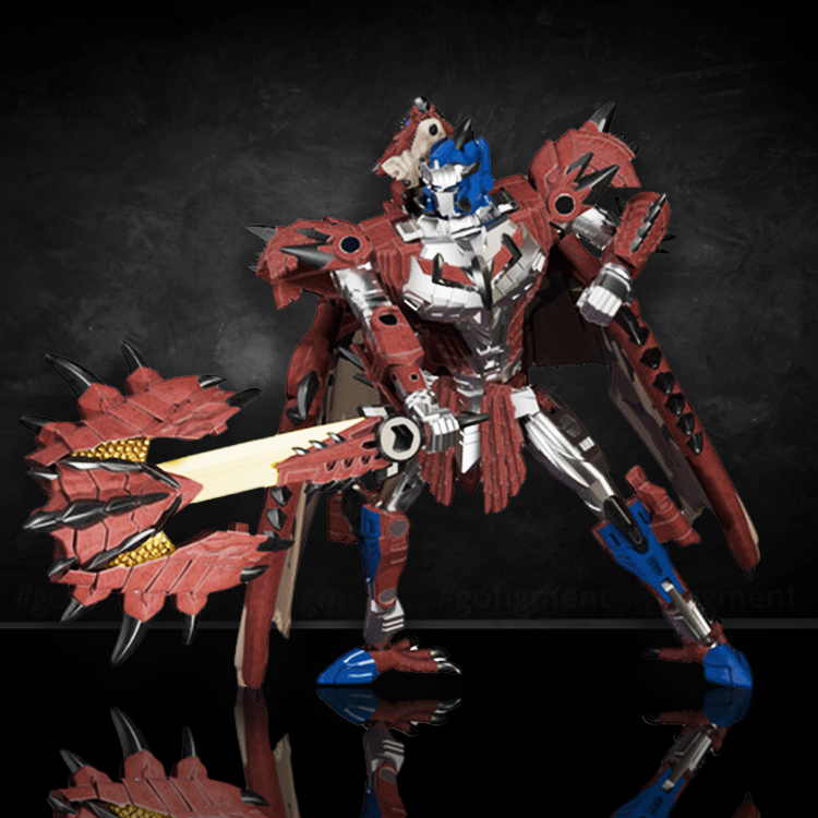 Rathalos Prime collectible figure in robot mode with detailed armor and blade weapon, from Monster Hunter and Transformers crossover.