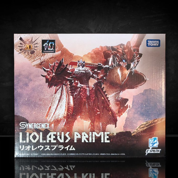 Box art of Liolaeus Prime collectible figure from Takara Tomy featuring Rathalos Prime in monster hunter and transformer crossover design