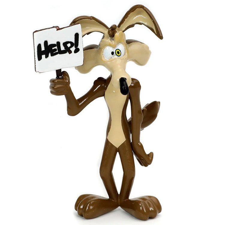 Die-cast Wile E. Coyote figure holding a help sign from Go Figment for Hollywood Rides 1970 Plymouth Road Runner set